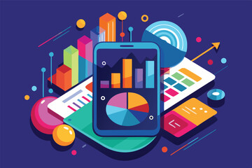 Fototapete - Vector illustration showcasing a digital dashboard with colorful charts and graphs representing data analytics in a modern workspace environment