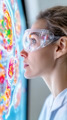 Poster - Immersive AI-Driven Neuroscience Cutting-Edge Female Researcher Analyzing Vibrant Neurological Data Visualization in Next-Generation Medical Research Laboratory