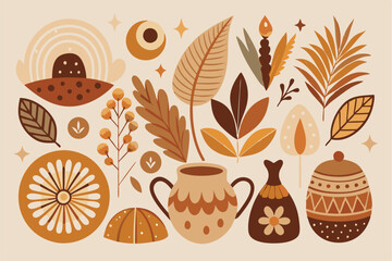 Poster - Colorful vector illustration of autumn leaves, plants, and decorative elements arranged in a harmonious composition