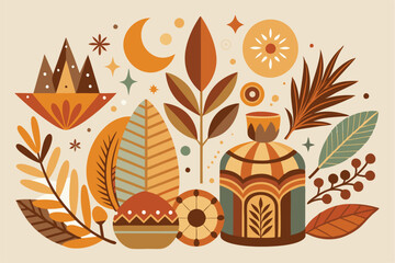 Poster - Colorful vector illustration of autumn leaves, plants, and decorative elements arranged in a harmonious composition