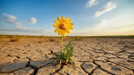 Flower blooms in dry cracked earth under a clear blue sky during golden hour near an arid landscape