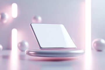 Poster - A modern tablet hovers effortlessly with a blank screen, enhanced by glowing neon elements. The softly blurred backdrop features abstract gradients, creating an innovative atmosphere
