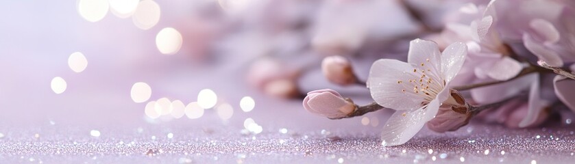 Poster - A serene lavender backdrop with a delicate silver glitter border complements soft blooming flowers. This enchanting setting offers ample space for elegant text, ideal for fairy-tale events