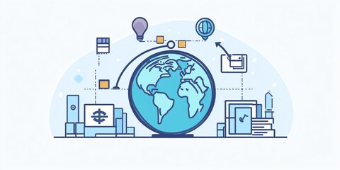 Poster - Exploring Global Connectivity Through Technology Featuring a Stylized Globe and Symbols of Innovation
