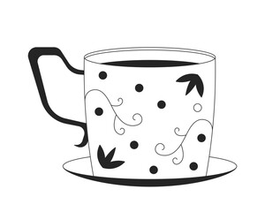 Poster - Elegant vintage teacup with floral patterns 2D line object. Tea cup with intricate retro decorations placed on saucer isolated clipart vector ink outline item. Monochrome spot illustration