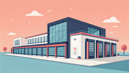Poster - modern, minimalist 3D rendered building with large glass windows and flat design style, set against pastel sky. structure features clean lines and spacious layout