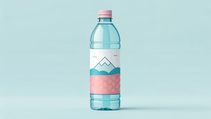 Poster - clear plastic bottle of mineral water with minimalist design label featuring mountains and abstract shapes, set against light blue background