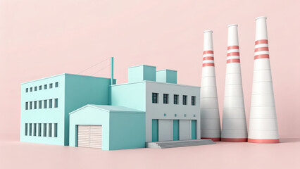 Poster - minimal 3D render of industrial buildings with smokestacks in pastel colors