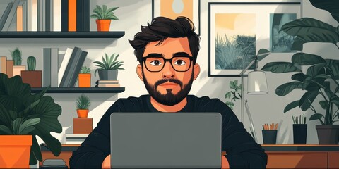 Wall Mural - Young Man Working on Laptop Surrounded by Indoor Plants and Books in a Modern Home Office with Natural Light