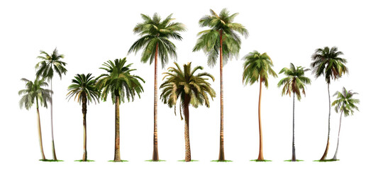 Coconut palm tree vector set, isolated on white and transparent background, tropical tree, green palm leaves, summer nature, exotic plant, beach element, jungle foliage