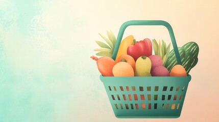 Aufkleber - Green shopping basket overflowing with fresh fruits and vegetables set in a soft pastel background