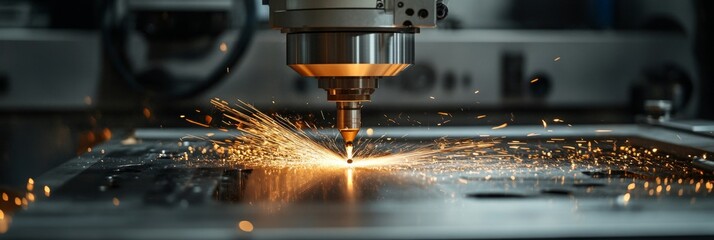 Poster - cnc milling machine cutting metal, creating a shower of sparks in an industrial setting