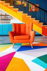Poster - Vibrant Modular Workspace Design Bold Color-Block Chair in Dynamic Contemporary Office with Geometric Flooring - Innovative Creative Environment Inspiring Productivity