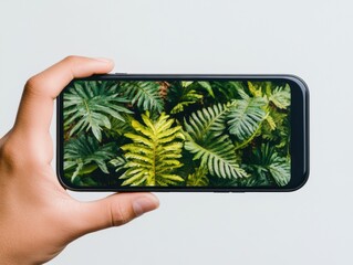 Poster - Digital Biophilia Unveiled Immersive Green Tech Experience Showcasing Augmented Nature through Minimalist Smartphone Interface - Eco-Conscious Visual Innovation