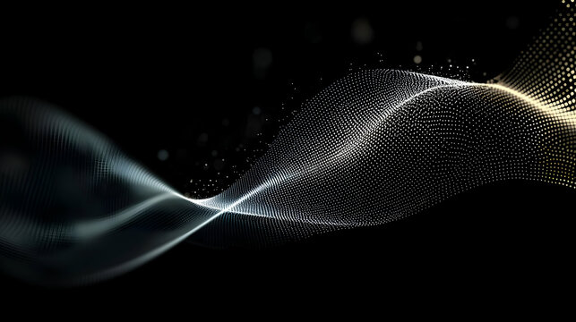 Abstract Digital Wave Formed Of White And Yellow Particles Against Black Background With Bokeh Effect