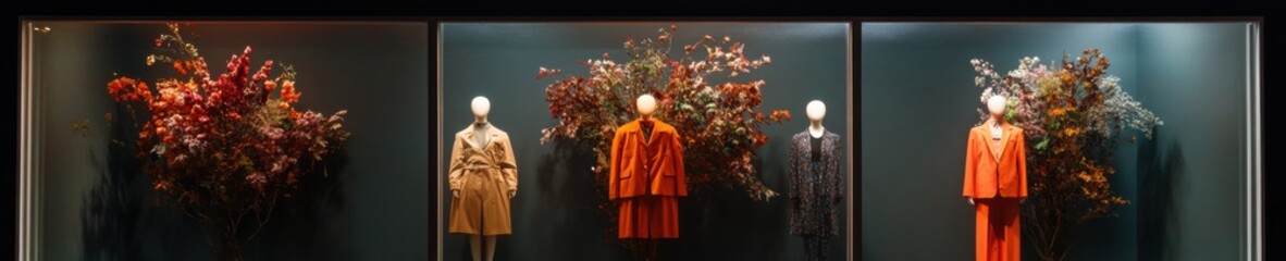 Aufkleber - Immersive Autumn Retail Symphony Dramatic Seasonal Visual Merchandising with Rich Botanical Installations and Avant-Garde Fashion Narratives