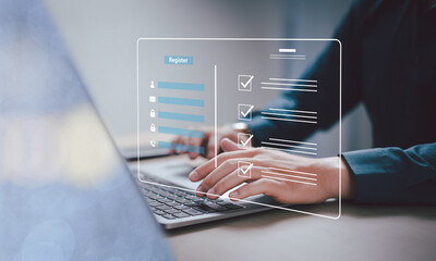 Fototapete - Complete an online survey Register with an online registration form Register a new user Complete an application form with personal information to create an account on the website.