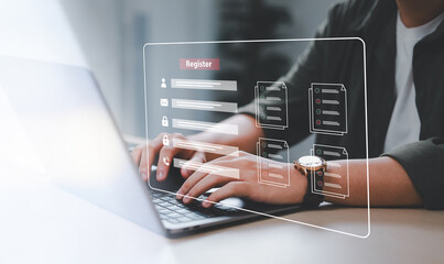 Fototapete - Complete an online survey Register with an online registration form Register a new user Complete an application form with personal information to create an account on the website.