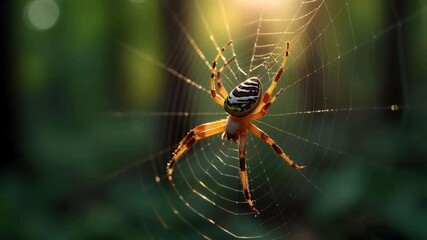 Spider in sunlit spiderweb with forest in the background