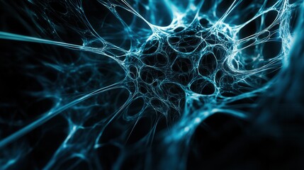 Poster - Futuristic neural network design in deep blue and cyan with central node cluster fading to black for text placement