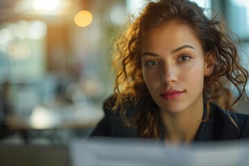 Poster - Close-up portrait of a young businesswoman reviewing a contract on her computer in the office.