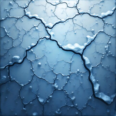 A macro view of a frozen blue surface showing an intricate network of dark cracks and icy texture.