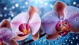 Close-up of orchids with glistening water droplets on the petals, creating a stunning and fresh atmosphere. The delicate details of the flowers and the sparkle of the droplets add elegance and beauty.
