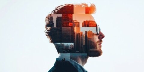 Fototapete - Urban Visionary Double Exposure Insights on Future Professional Potential - Innovative Mindset and Digital Transformation Narrative for Next-Gen Leadership