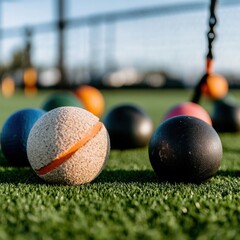 Aufkleber - Dynamic Team Performance Analytics Cutting-Edge Sports Training Visualization with High-Performance Exercise Spheres on Artificial Turf - Precision Fitness Innovation