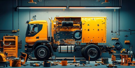 Poster - Diesel Mechanic in Action, skilled technician focused on servicing heavy-duty trucks and equipment, dynamic repair shop environment, organized workspace, efficient atmosphere