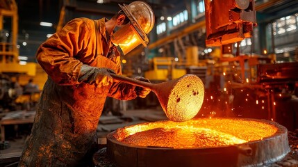 Poster - Foundry Worker Crafting Molten Metal, intense focus on pouring and shaping metal, vibrant colors and high contrast highlighting the dynamic industrial environment