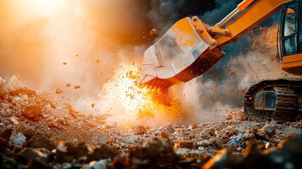Poster - Heavy Equipment Operator in Action, skillfully operating bulldozers and excavators on a spacious construction site, minimalist background, clean and simple environment