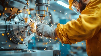 Poster - Machinist at Work, skilled technician using advanced tools in a machine shop, meticulously creating metal parts for heavy machinery, focused environment, industrial precision