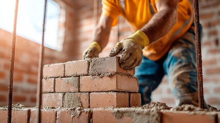 Poster - Mason at Work, skilled bricklayer constructing robust walls on a busy construction site, expertly mixing mortar and laying bricks for durable structures.