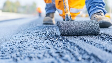 Poster - Asphalt Artisan, skilled laborer expertly laying asphalt and concrete, crafting smooth roads and highways in a minimalist environment, open space enhancing focus on craftsmanship