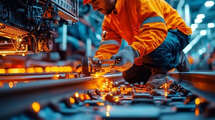 Poster - Railroad Technician Performing Maintenance, focused on repairing tracks and locomotives, illuminated by bright light, showcasing high contrast and vivid colors, sharp details throughout