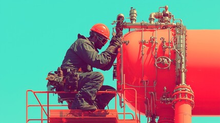 Poster - Industrial Steamfitting Scene, a vibrant depiction of a steamfitter engaged in installation and maintenance of piping systems, featuring bold outlines, solid colors, and a pop art aesthetic.