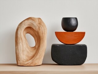 Aufkleber - Organic Minimalist Design Sculptural Ceramic and Wood Composition Exploring Balanced Form, Texture, and Spatial Harmony for Contemporary Interior Styling