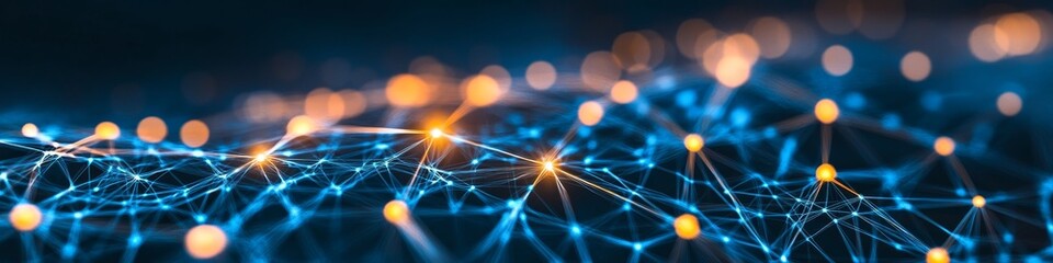 Poster - Abstract Network of Glowing Lines, Bright Cyan and Orange on a Dark Background, Technical Design