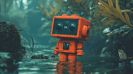 Poster - Vibrant AI-Powered Travel Assistant, a futuristic robot guiding travelers with personalized vacation plans, illuminated by bright light and striking colors, showcasing intricate details.