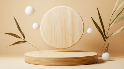 Poster - Eco-Minimalist Product Display Natural Bamboo Podium with Floating Spheres - Sustainable Design Mockup for Modern Branding and Digital Marketing Aesthetics