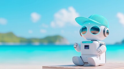 Poster - Robot AI Vacation Assistant, innovative trip planner designed for seamless travel experiences, features a minimalist aesthetic, emphasizing clarity and user-friendly design