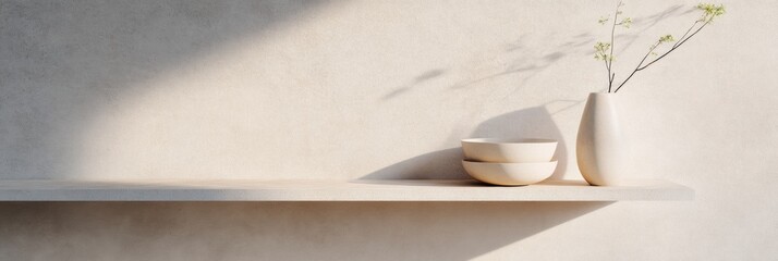Aufkleber - Zen Minimalist Storage Elegant Floating Shelf Styling with Neutral Ceramic Vessels - Contemporary Interior Design Inspiration for Mindful Living Spaces