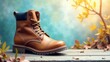 © Angel Pic - A sturdy leather boot, showcasing autumnal hues, rests on weathered wood, surrounded by fallen leaves, bathed in the warm glow of sunlight.