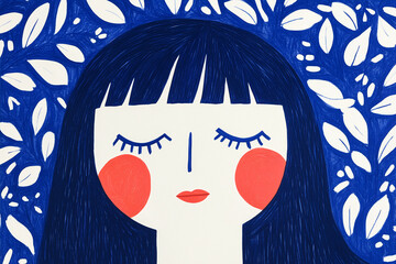 Poster - Serene Illustration: A stylized illustration depicts a woman with closed eyes, long black hair, and rosy cheeks, evoking a sense of peace and tranquility within a floral pattern