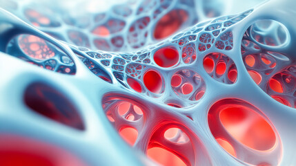Poster - Exploring intricate cellular structures in a vibrant abstract composition highlighting reds and blues