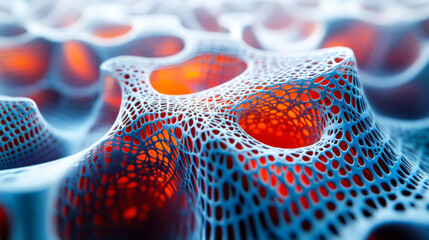 Poster - Exploring intricate cellular structures in a vibrant abstract composition highlighting reds and blues