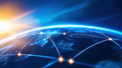 Poster - A vibrant view of Earth from space, showcasing a network of connections and the glow of sunlight on the horizon.