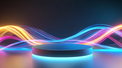 Fototapete - Dynamic light waves showcase virtual studio graphic design digital environment wide angle visual art concepts
