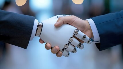 Poster - A human hand shakes a robotic hand, symbolizing collaboration between technology and humanity in a modern setting.